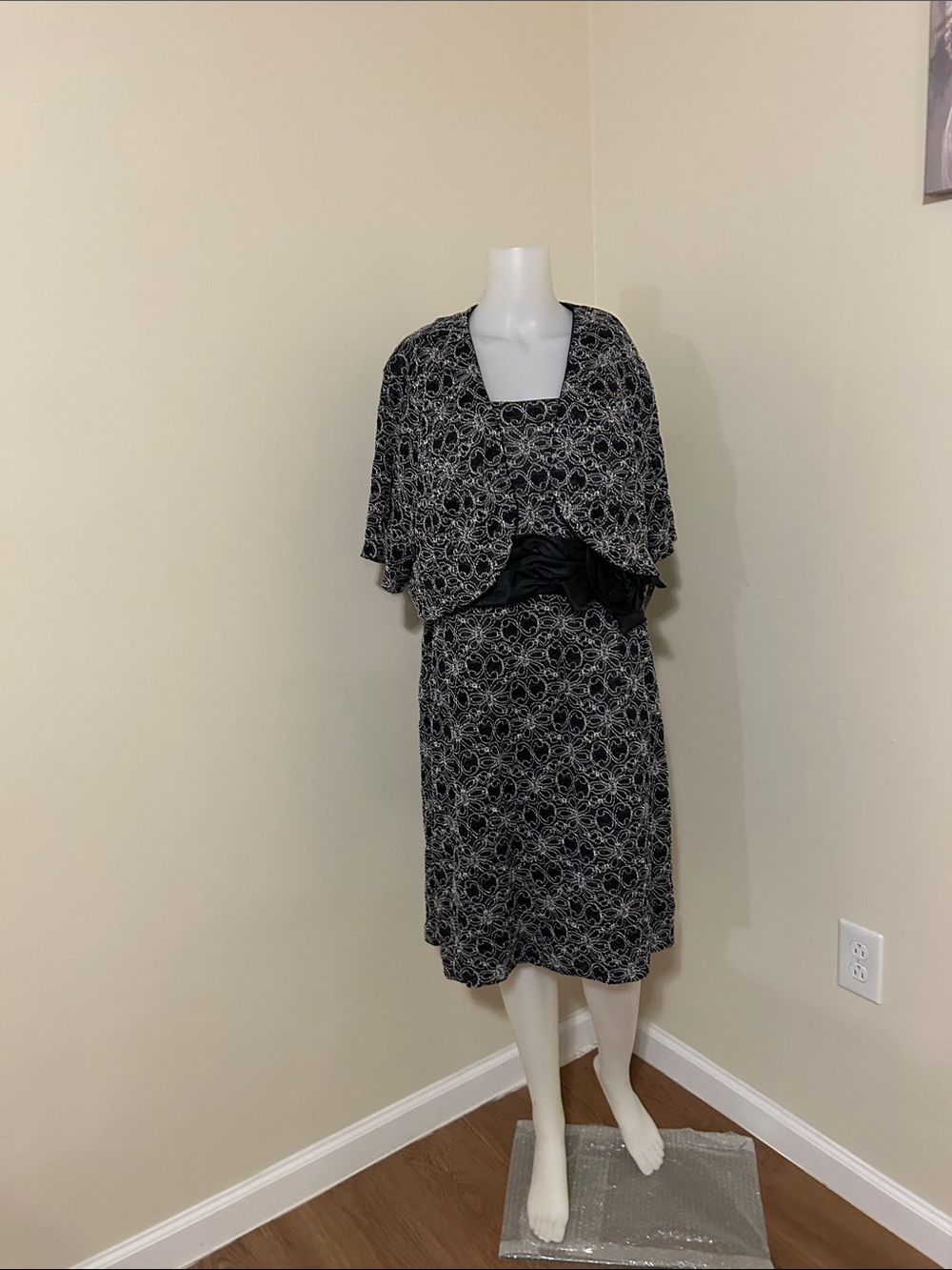 R&M Richards Black and Ivory Lace-Pattern Wedding Dress with Jacket